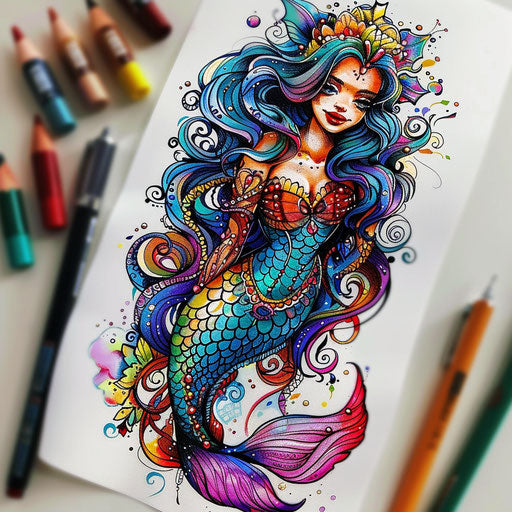 Tattoo sketch of a mystical mermaid with flowing hair and vibrant colors