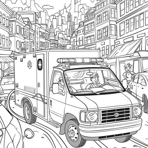 A cartoon doctor driving an ambulance through a busy city.