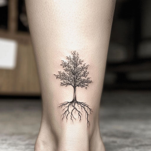 Tiny black tattoo tree with roots and branches