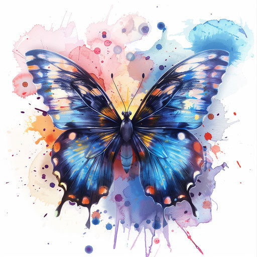 Blue butterfly with watercolor splashes