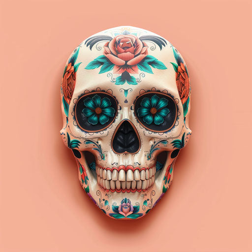 Realistic sugar skull on pastel background, subtle luminosity