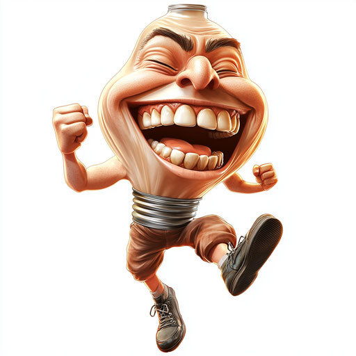 Humorous caricature of a bulb with human characteristics in mid-jump, vibrant colors, cartoon style