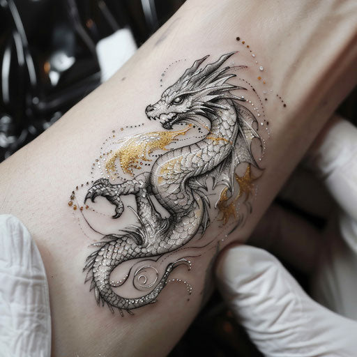 Elegant dragon tattoo sketch with metallic silver and gold scales