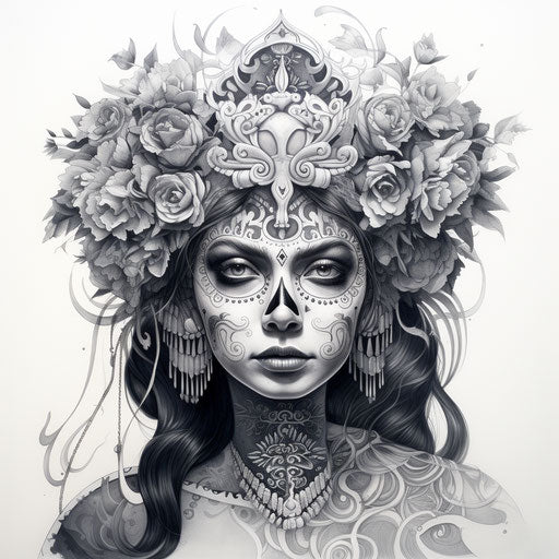 Black and white drawing of a girl with skull makeup