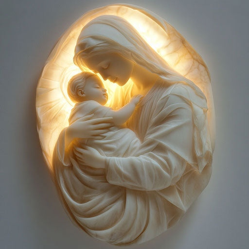 Mary rocking Jesus in her arms under a soft glow
