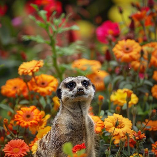 Meerkat with vibrant flowers in the background