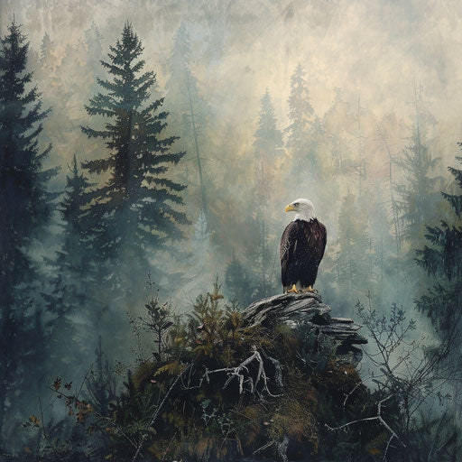 Bald eagle in a misty morning landscape, in the style of Paul Souders