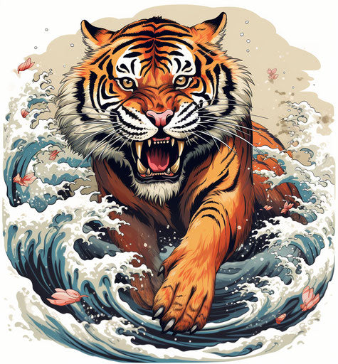 Jumping tiger, neo-traditional Japanese style, multilayered realism