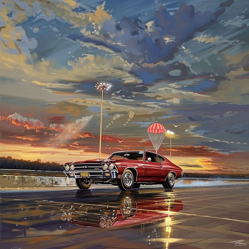 1969 Chevrolet Chevelle SS in drag racing setup with parachute