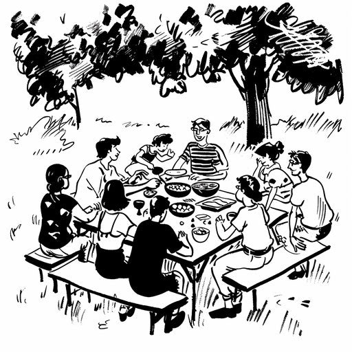 Monochrome community potluck in a park