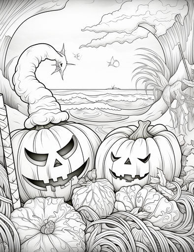 Halloween coloring on the beach, Randal Spangler style, detailed drapery, macro zoom