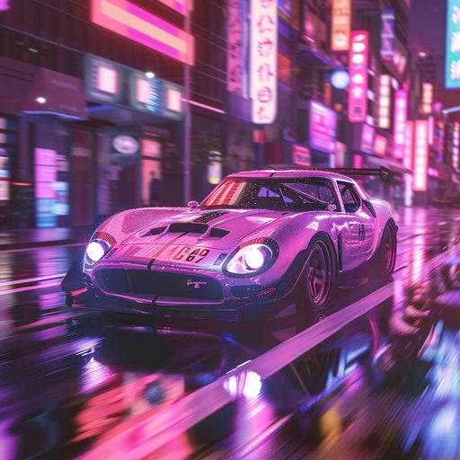 Futuristic Shelby Daytona with neon underglow, cyberpunk city
