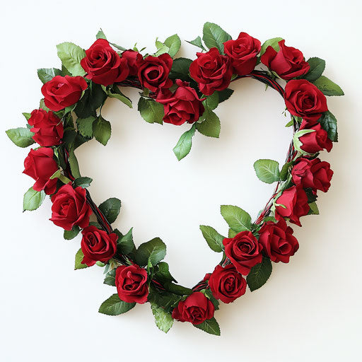 Heart-shaped wreath made of red roses on white background