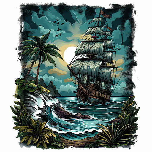 Exotic tattoo sketch of a pirate ship near a tropical island