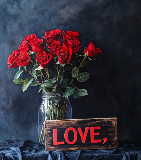 Bouquet of red roses with wooden sign "LOVE"