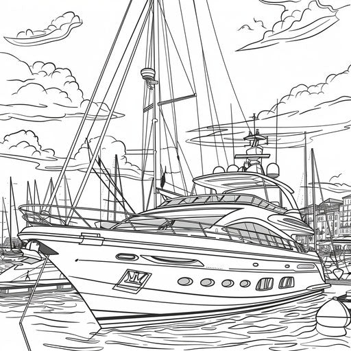 A luxury yacht in a marina. Coloring book page