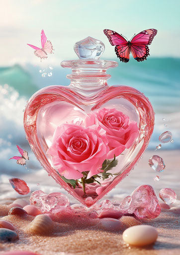 3D diamond painting, heart-shaped glass bottle with pink roses and butterflies on beach background
