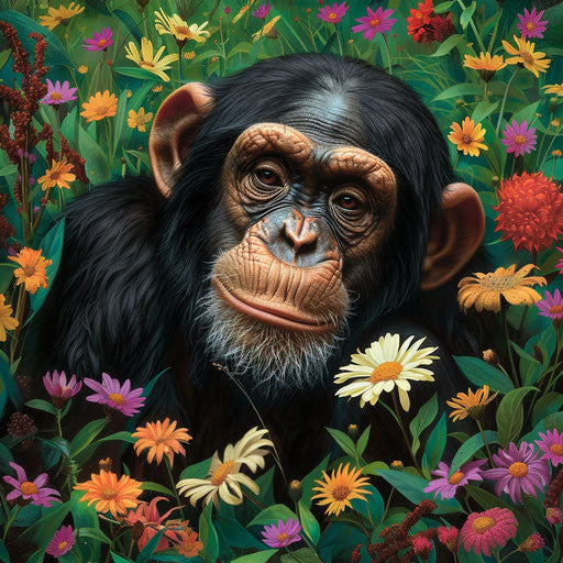 Chimpanzee in a vibrant meadow with wildflowers