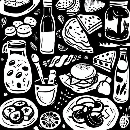 DIY Craft Potluck with Creative Projects and Snacks, Illustrated in Black and White Clipart