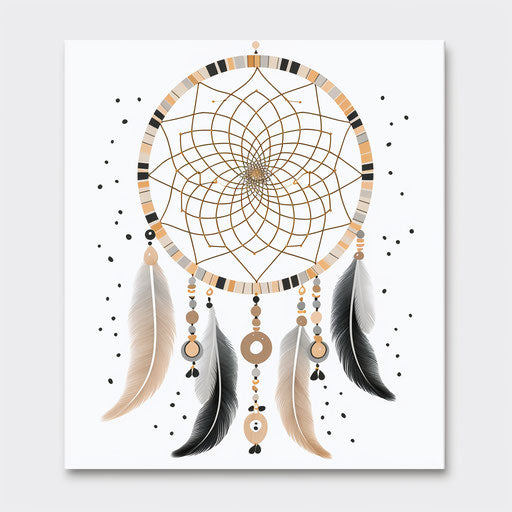 Black and white illustration of a dream catcher in pointillist style