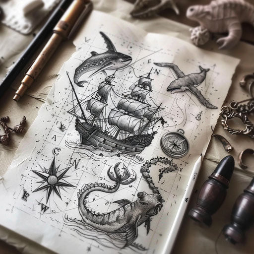 Illustrative tattoo of a maritime map with mythical sea creatures and compass
