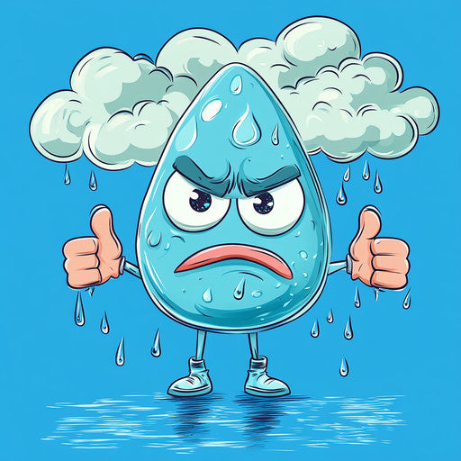 Humorous caricature of a raindrop with human characteristics, exaggerated lips, small feet, cloudy sky, vibrant colors, cartoon style, thumbs down