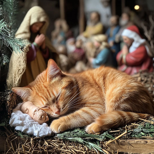 A sleepy cat in the nativity scene, peacefully napping