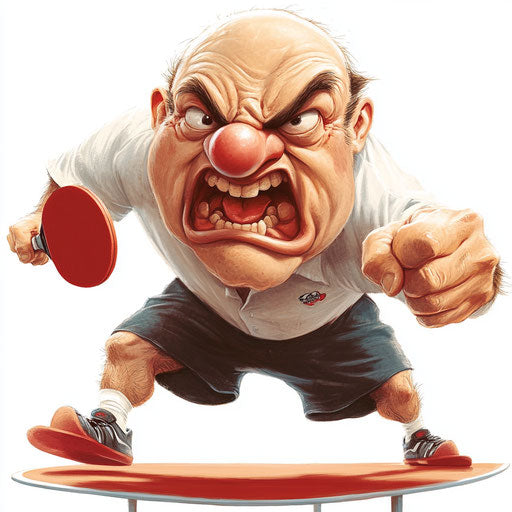 Humorous caricature of a table tennis clipart with human characteristics, exaggerated button nose, toes feet, vibrant colors, cartoon style, angry, high-resolution, no background, isolated