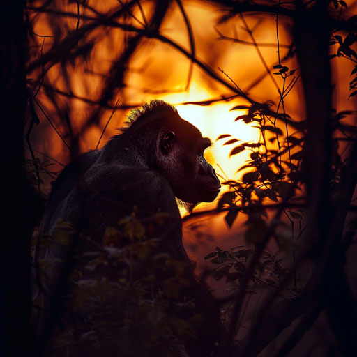 Majestic silhouette of a western lowland gorilla in the sunset