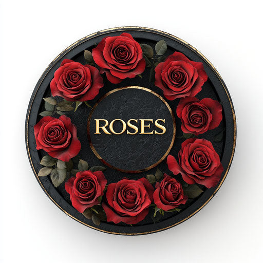 30 red roses in a round black box with gold foil logo "ROSES" deeply carved