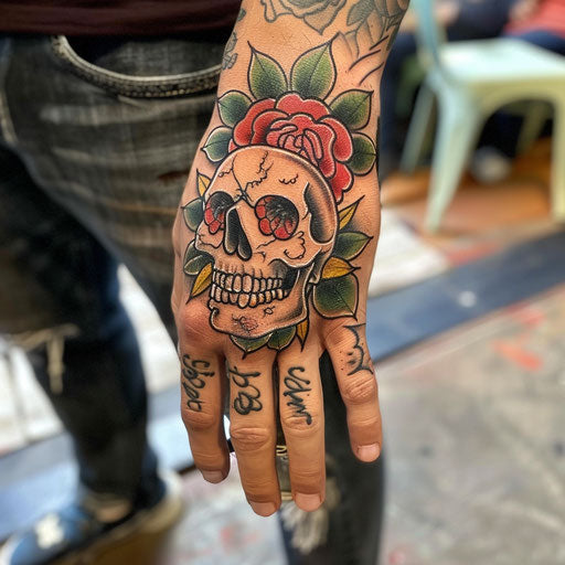 Hand tattoo with skull and roses
