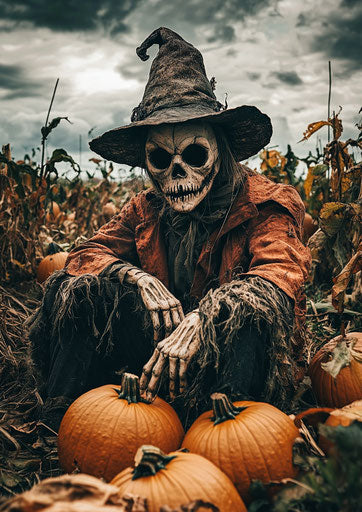 Scarecrow in pumpkin patch - dark fantasy atmosphere