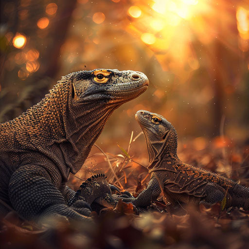 Komodo dragon with young under soft light