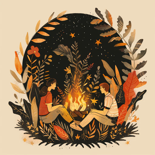 Cozy campfire scene with friends in earthy tones