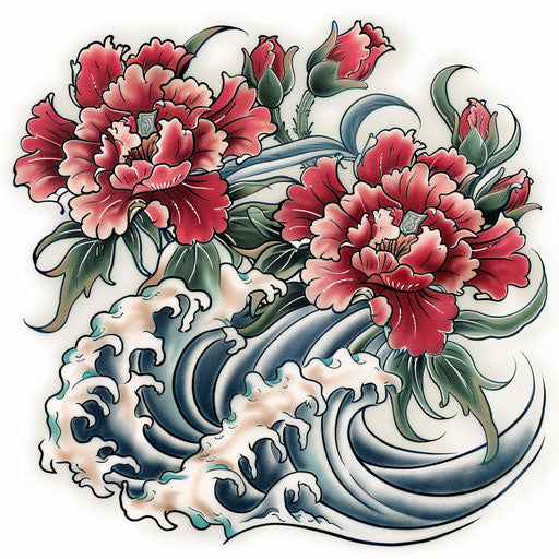 Traditional Japanese carnation tattoo with waves and wind accents