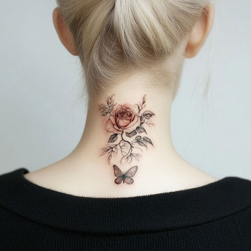 Rose neck tattoo in the style of Maria Sibylla Merian with a delicate rose and butterfly