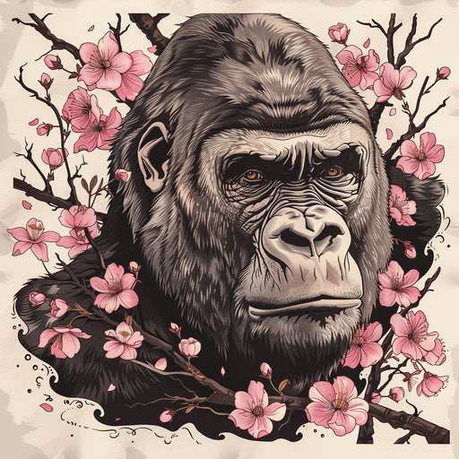 Gorilla among cherry blossoms in Japanese tattoo style