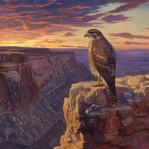 Swainson's hawk perched on cliff edge overlooking desert at sunset