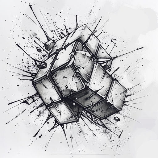 Dynamic flat tattoo sketch of a disassembled enigma cube