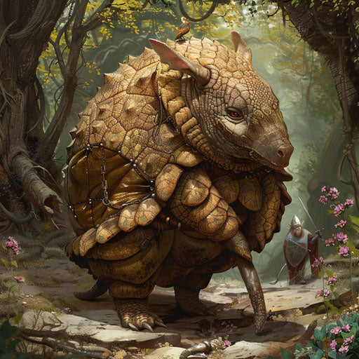 Fantasy armadillo companion on a quest with elves and dwarves