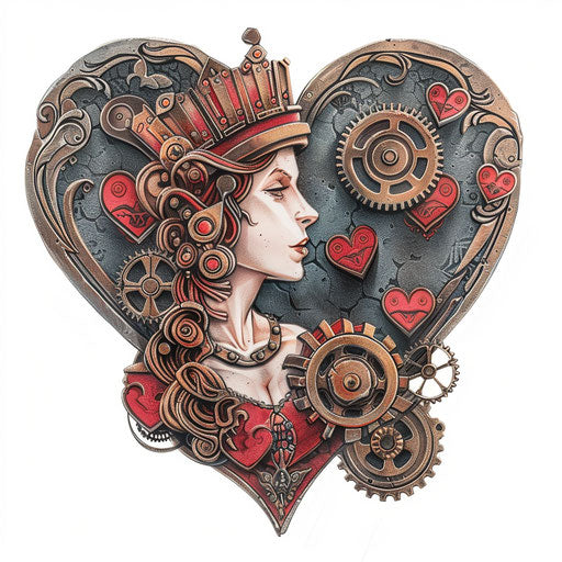 Steampunk Queen of Hearts tattoo concept on white background