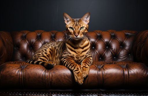 Bengal cat lying on large leather couch