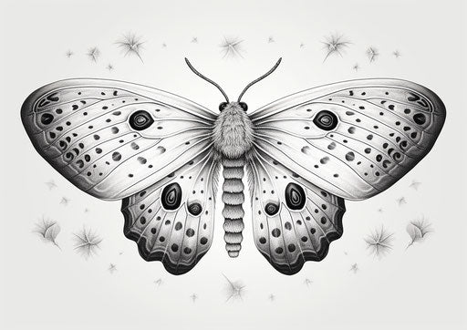 Moon moth on white, intricate dotwork style