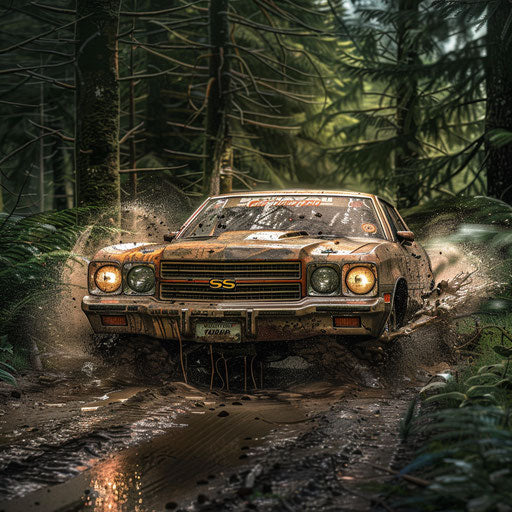 1976 Malibu Classic as a rally car, covered in mud, racing through a rugged forest trail