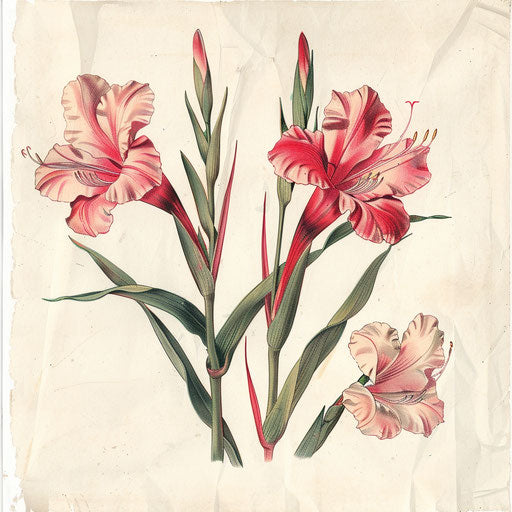 Vintage botanical illustration of a gladiolus, adapted into a tattoo design on a white parchment
