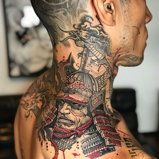 Side neck tattoos of a samurai warrior, Ami James style