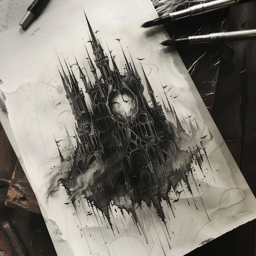 Obsidian castle in gothic mist