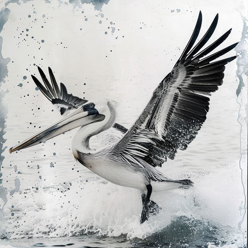 Pelican diving to catch fish in the style of Will Burrard-Lucas