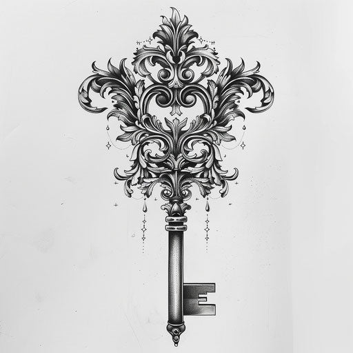 Enigmatic key with baroque filigree in bold flat tattoo