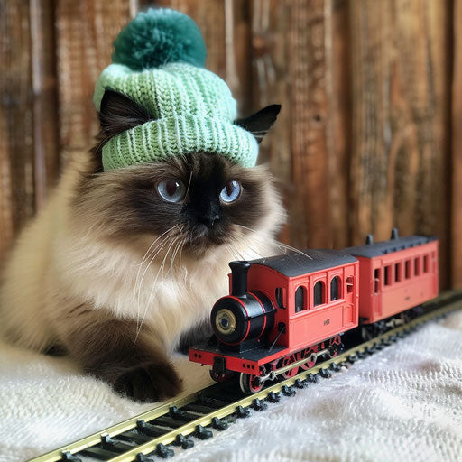 Himalayan cat wearing a small hat, next to a toy train